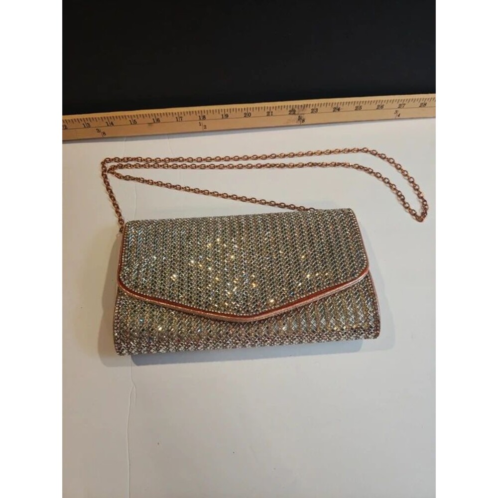 Silver & Rose Gold Metallic Beaded Envelope Evening Clutch Bag with Chain Strap